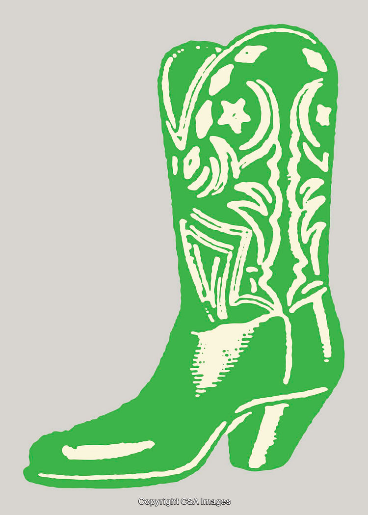 Green and Beige Cowboy Boot Illustration with Decorative Patterns in Line Art
