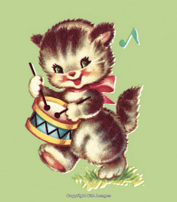 Charming Illustration of a Kitten with Drum Playing Cheerfully