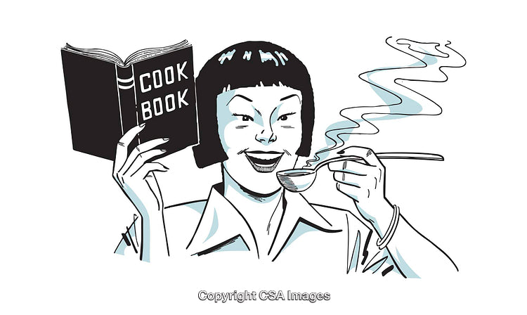 Illustration of a Woman Reading a Cookbook and Tasting a Steaming Dish