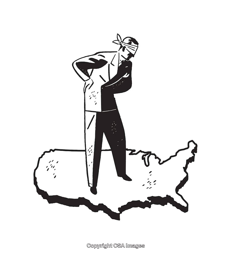 Blindfolded Man Pondering While Standing on a United States Map Illustration