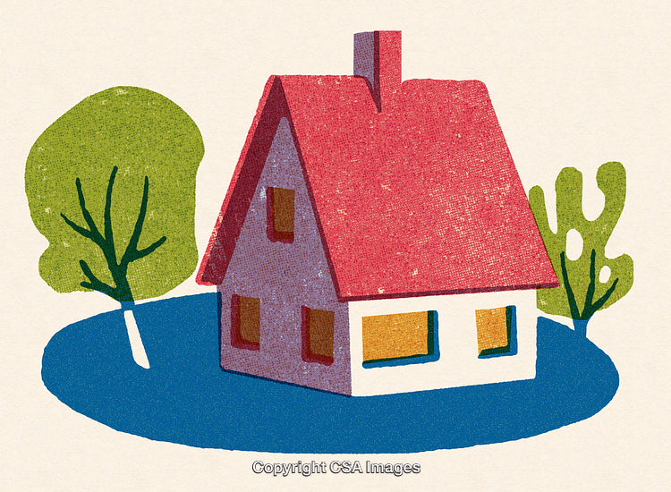Cozy House Illustration with Trees and Lawn in Retro Artistic Style