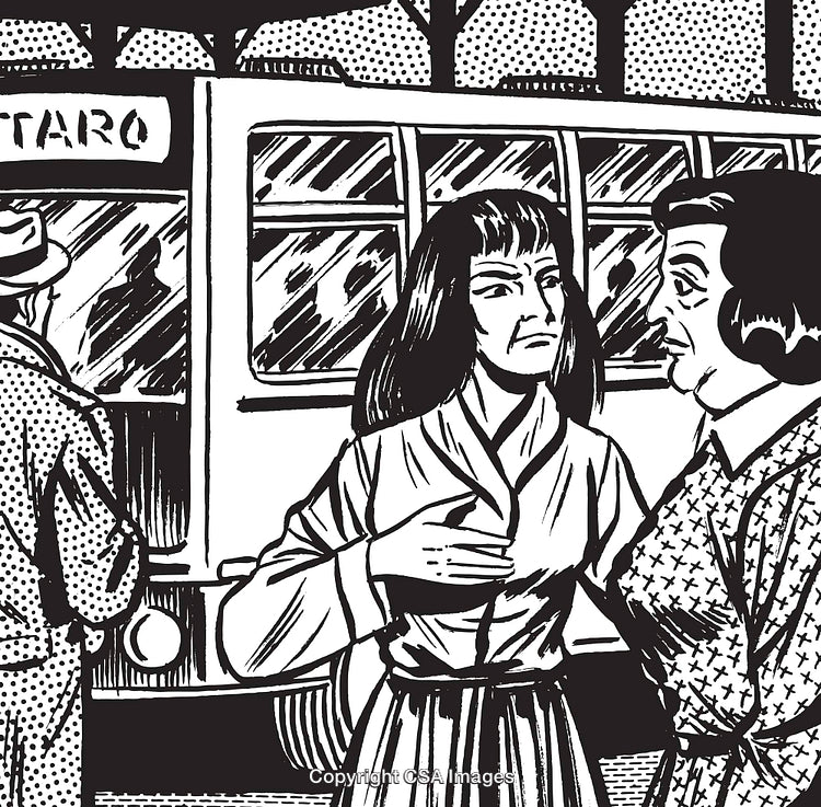Retro Pop Art Scene Depicting a Bus Stop Interaction in Monochrome