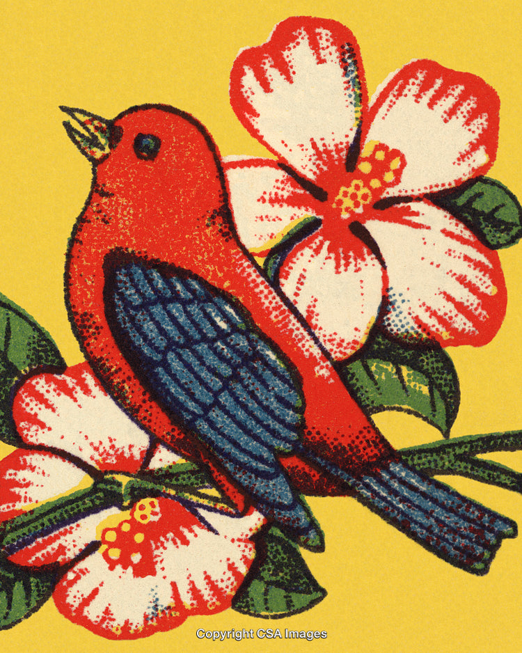 Vivid Red Bird Perched Amid Hibiscus Flowers on Bright Yellow Background