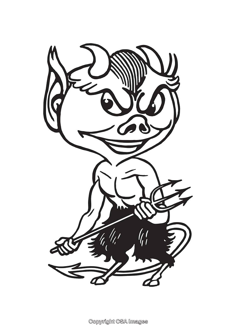 Black and White Line Art Illustration of a Devilish Imp Holding a Fork