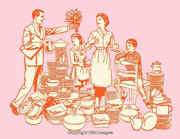 Retro Illustration of Family Among Dishes with Pink Background