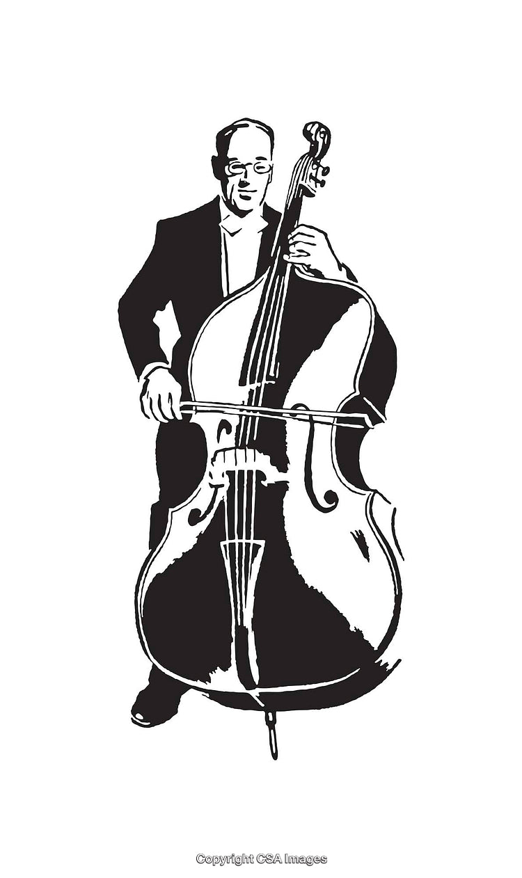 Black and White Line Art of a Musician Playing a Double Bass
