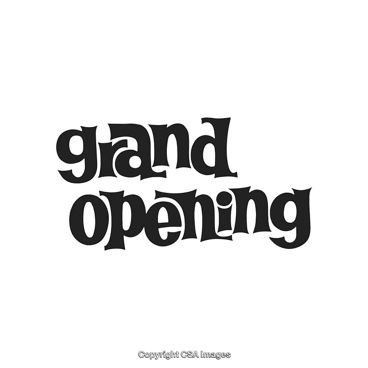 Stylized Grand Opening Text Design in Black on White Background