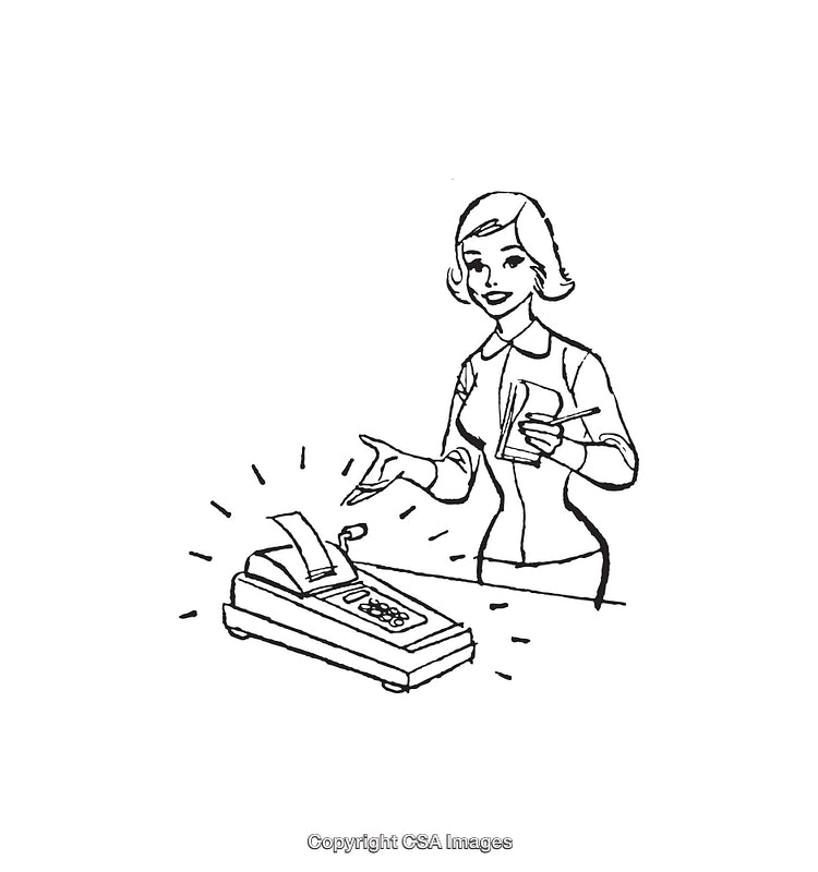 Retro Illustration of a Woman Using an Office Adding Machine