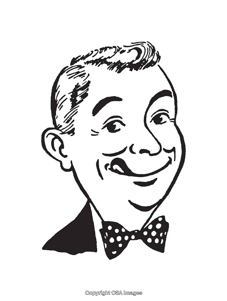 Retro Black and White Illustration of a Smiling Man in a Bow Tie