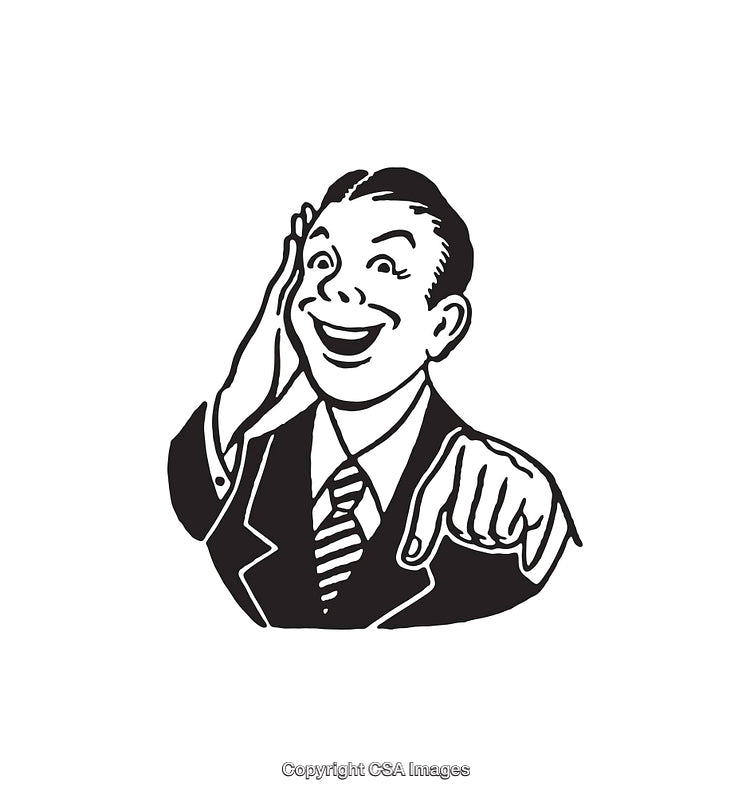 Retro Styled Illustration of a Cheerful Man Pointing and Smiling in Line Art
