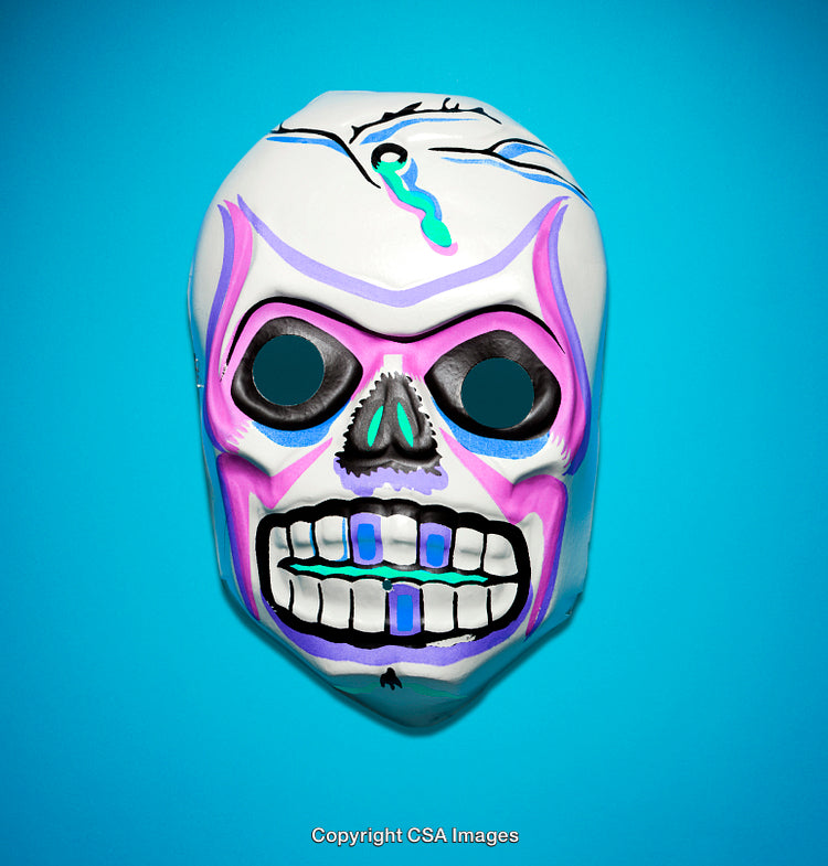 Vibrantly Painted Day of the Dead Skeleton Mask with Blue Background