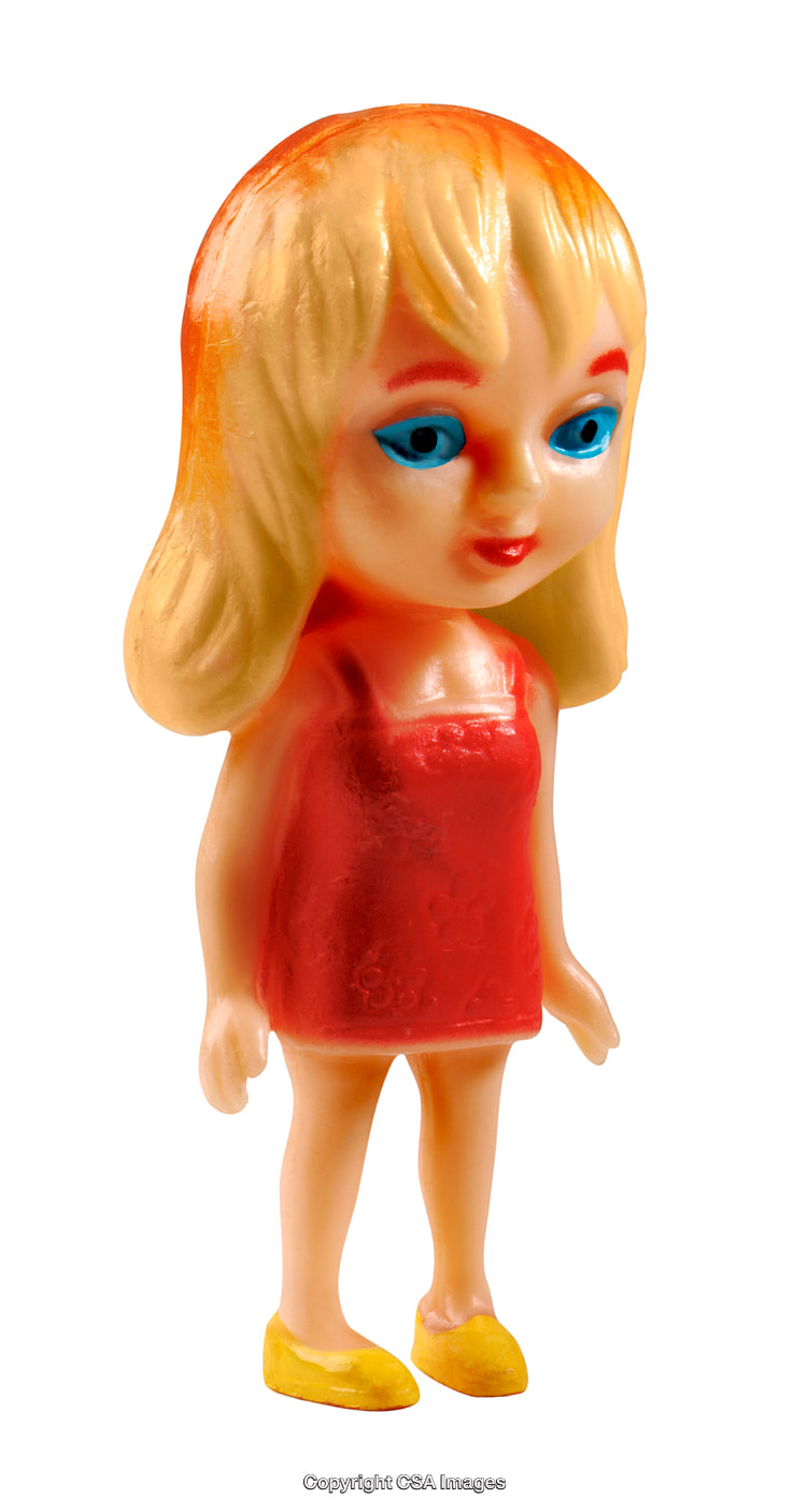 Plastic Toy Figure of Blond Girl in Red Dress with Blue Eyes