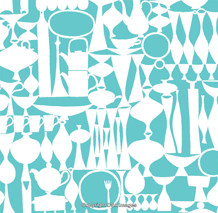 Retro-Inspired Abstract Teal and White Kitchenware Pattern Art Design