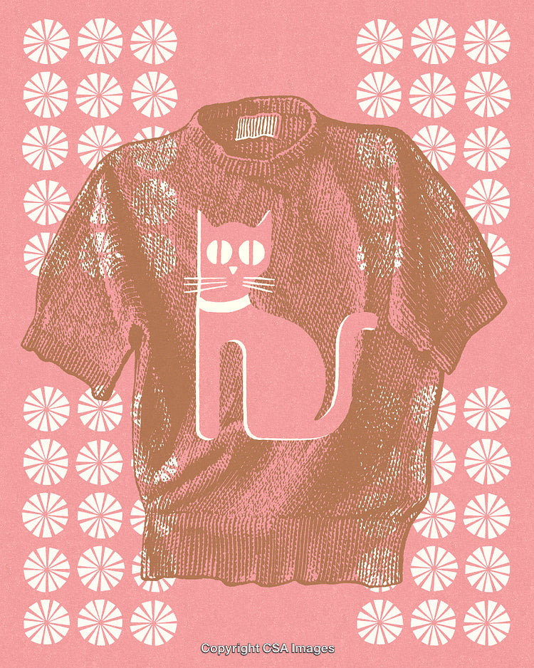Illustrated Cat Design Sweater on Pink Background with Geometric Accents