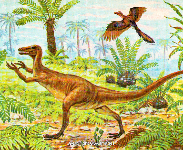 Illustration of a Dinosaur and Bird in a Prehistoric Landscape