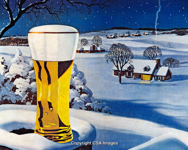 Frosty Beer Glass in Snowy Village Winter Setting Under Starry Sky