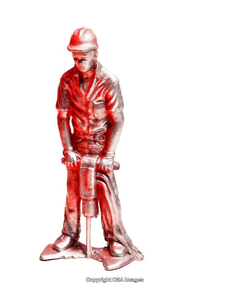 Metallic Construction Worker Figurine with Red Highlights Using a Jackhammer