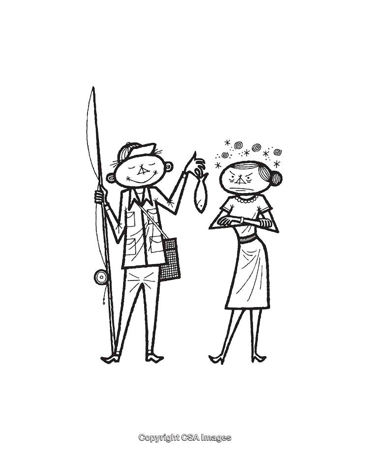 Cartoon Couple Argues Over Fishing Catch in Black and White Line Art