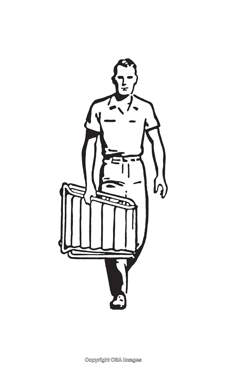 Retro Style Black and White Line Art of a Man Carrying Items