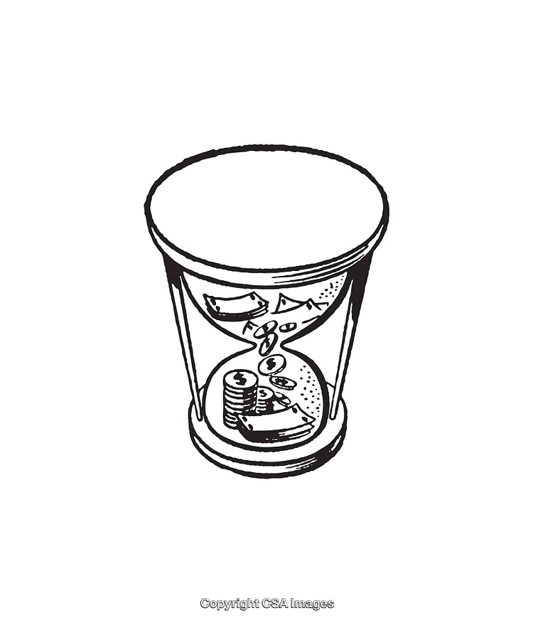 Black and White Line Art of an Hourglass with Money Inside