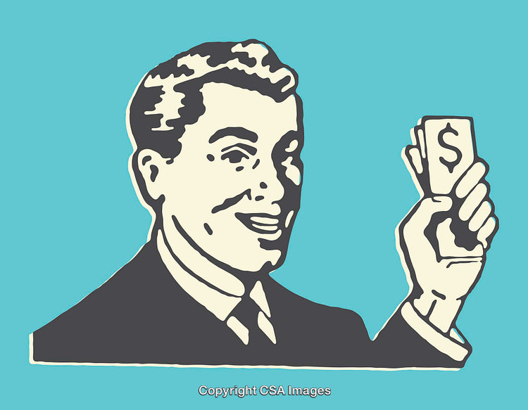 Retro Illustration of Smiling Man Holding Money on Blue Background