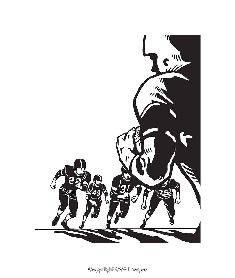 Black and White Line Art Illustration of Football Players in Action