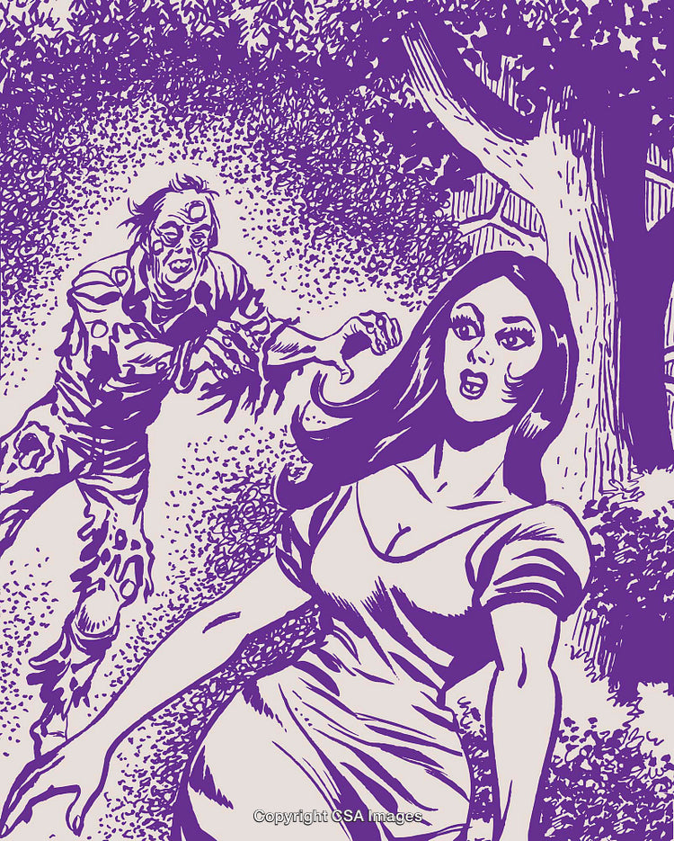 Comic Style Illustration of a Woman Fleeing From a Chasing Zombie