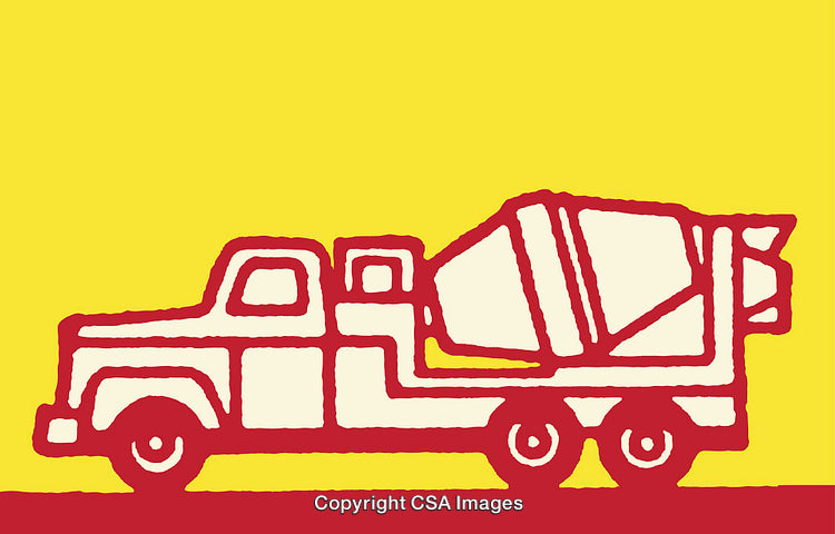 Colorful Line Art Illustration of a Red Cement Truck on Yellow Background