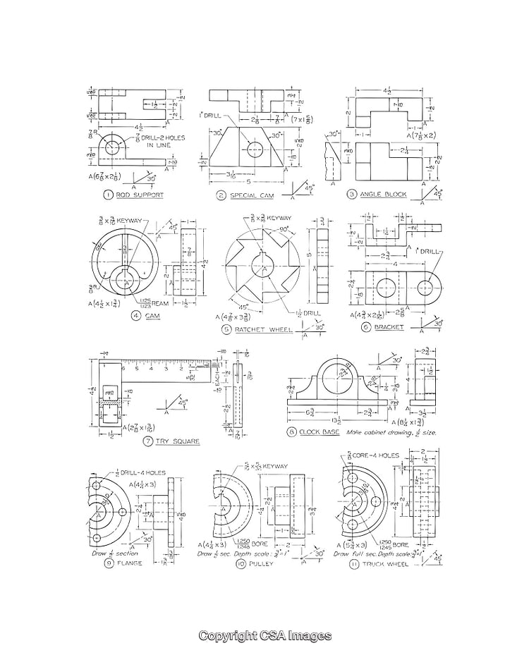 Detailed Black and White Engineering Design Diagrams for Technical Illustrations