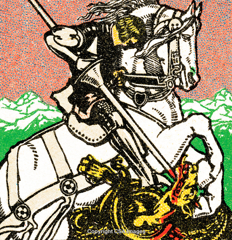 Knight Battling a Dragon Amidst a Scenic Mountain Backdrop in Vibrant Illustration