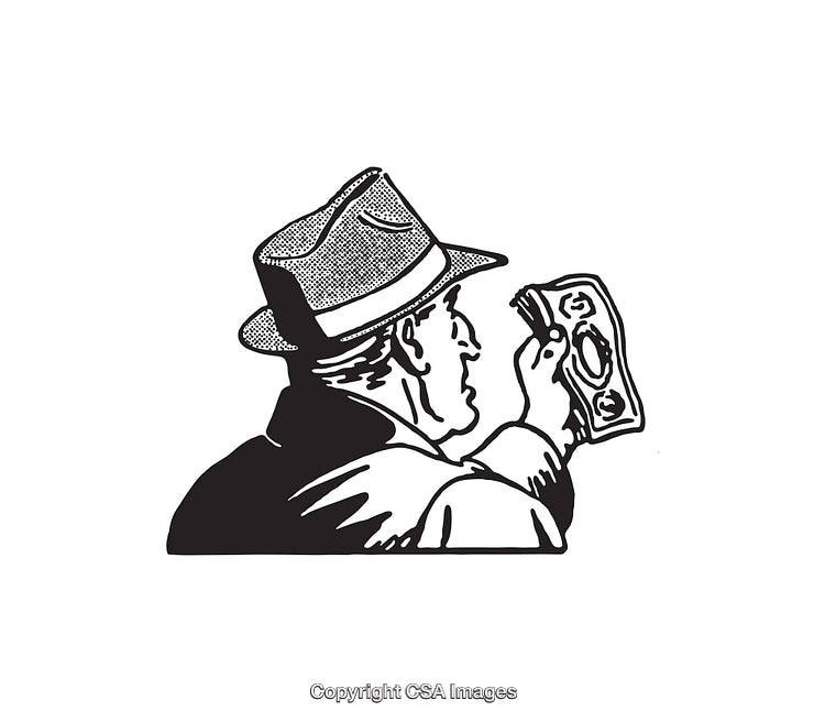 Man Analyzing Currency in Black and White Line Art Illustration