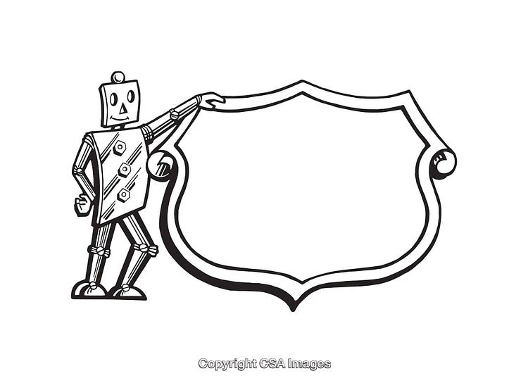 Hand-Drawn Robot Pointing to Blank Artistic Frame Design