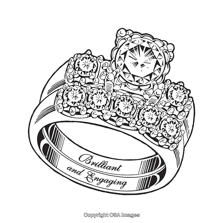 Detailed Black and White Line Art of an Elegant Diamond Ring