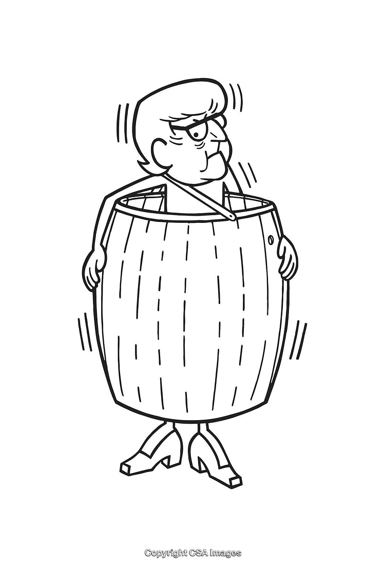 Quirky Line Art Illustration of a Character in a Barrel Outfit
