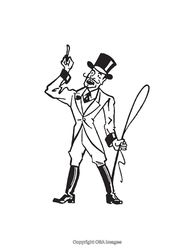 Black and White Drawing of a Circus Ringmaster with Top Hat and Whip