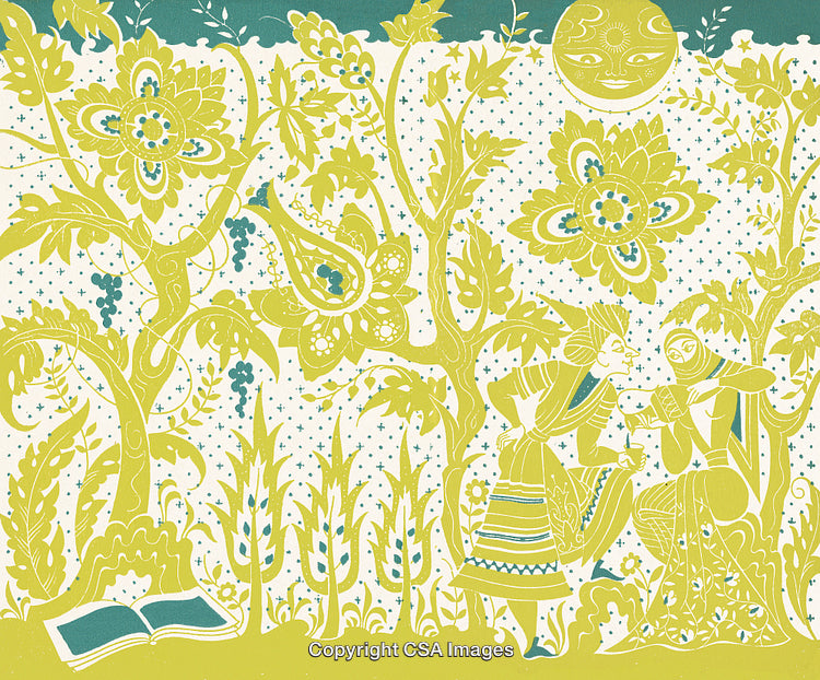 Whimsical Garden Scene Featuring Figures and Decorative Floral Elements Under the Moon