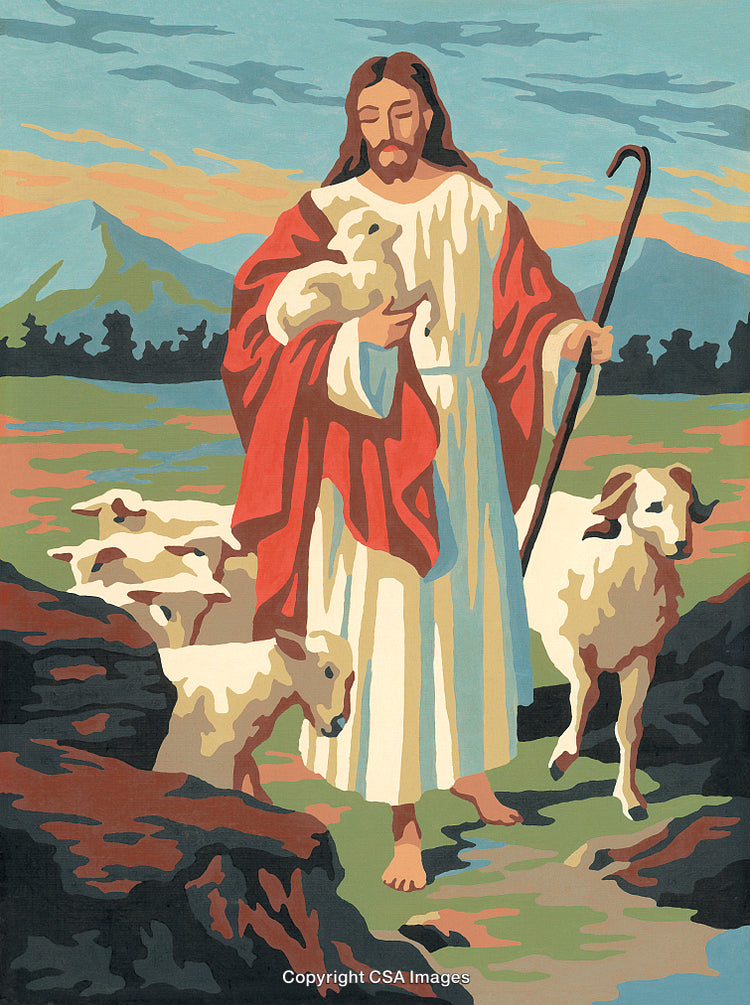 Illustration of a Shepherd Caring for Lambs in a Scenic Countryside