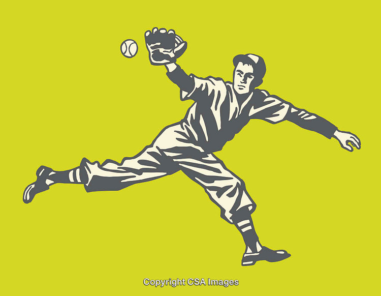Vintage Style Baseball Player Catching in Dynamic Pose on Bold Background