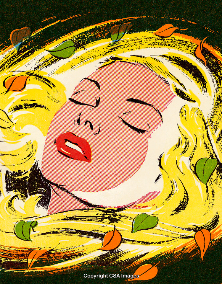 Illustrated Woman Surrounded by Colorful Leaves in a Surreal Scene