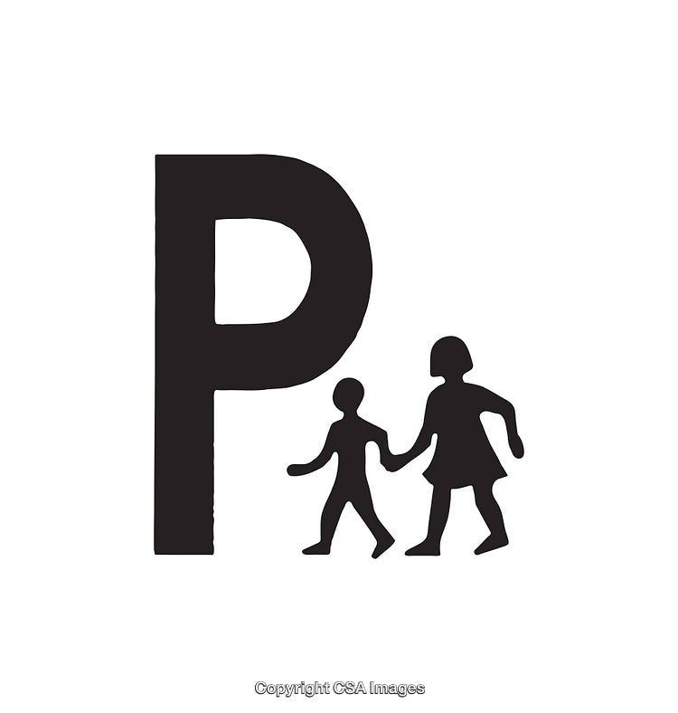 Black and White Icon of Parking Sign with Children Crossing