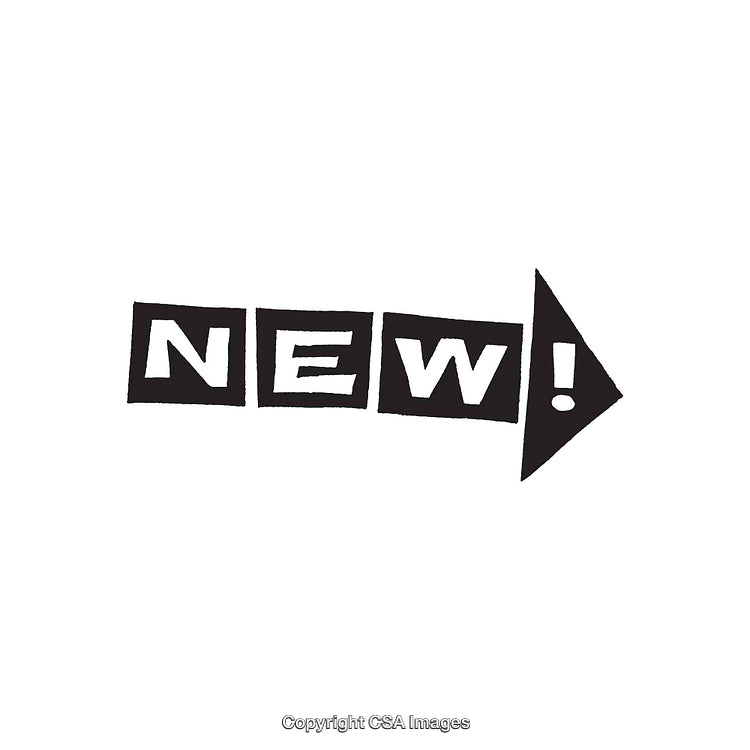 Bold Black and White "New!" Arrow Graphic Dingbat Icon