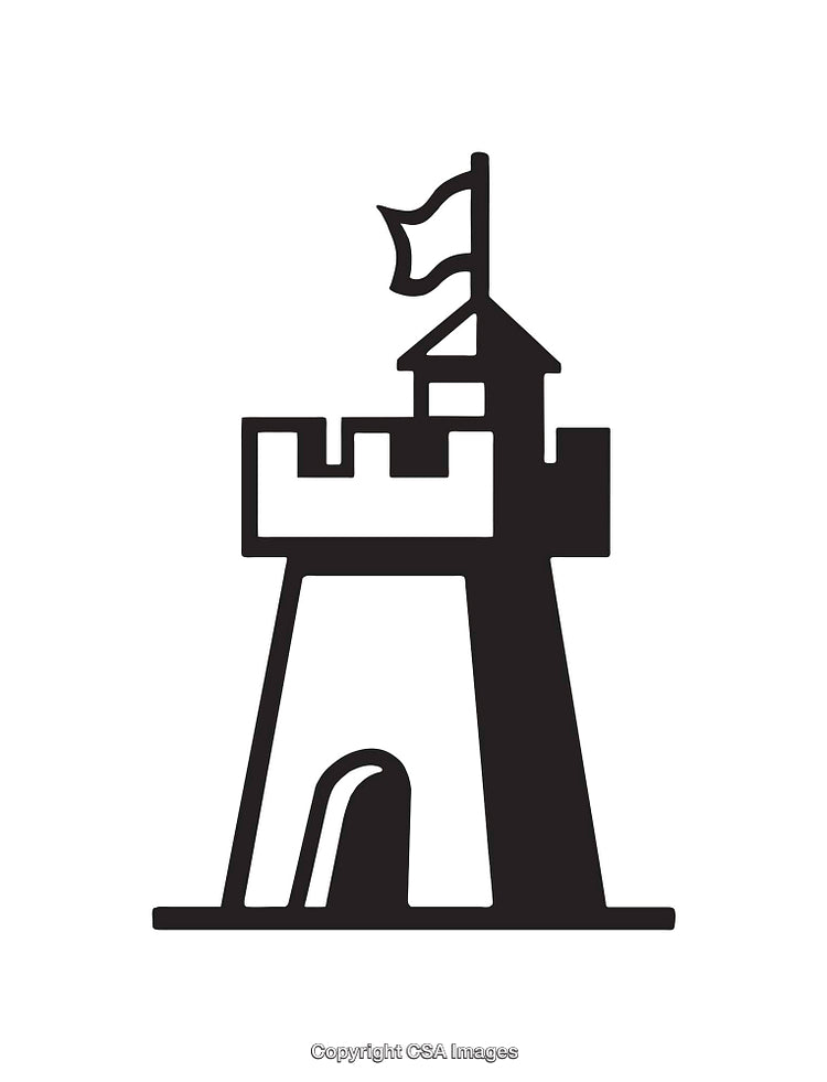 Black and White Line Art of a Castle with Flag