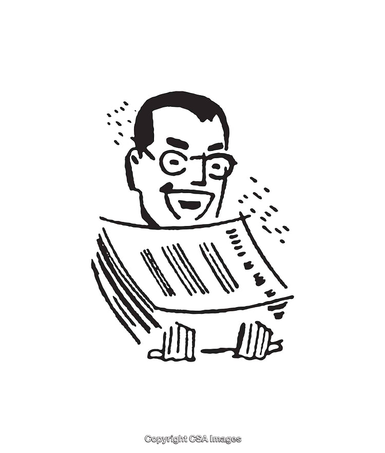 Black and White Illustration of a Smiling Person Reading a Newspaper