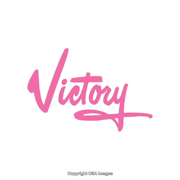 Pink Victory Text Design in Brush Script on a White Background