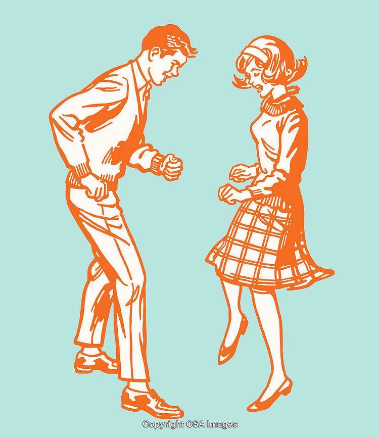 Retro Style Line Art of Two Figures Dancing Energetically