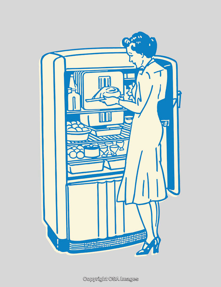 Retro Style Illustration of Woman Storing Food in a Refrigerator