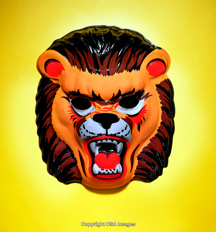 Vibrant Orange Lion Mask Against Bold Yellow Backdrop