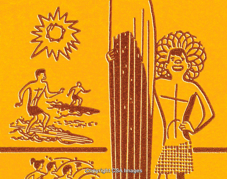 Vintage Surf Art with Sun, Tribal Figures, and Ocean Waves