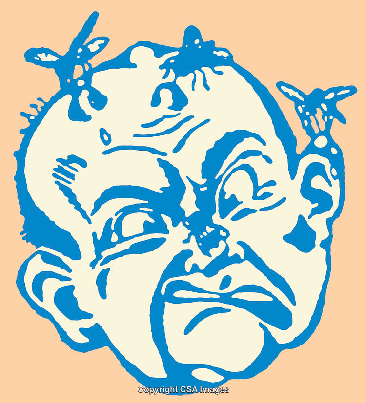 Stylized Blue Line Art of a Face with Flies on Head