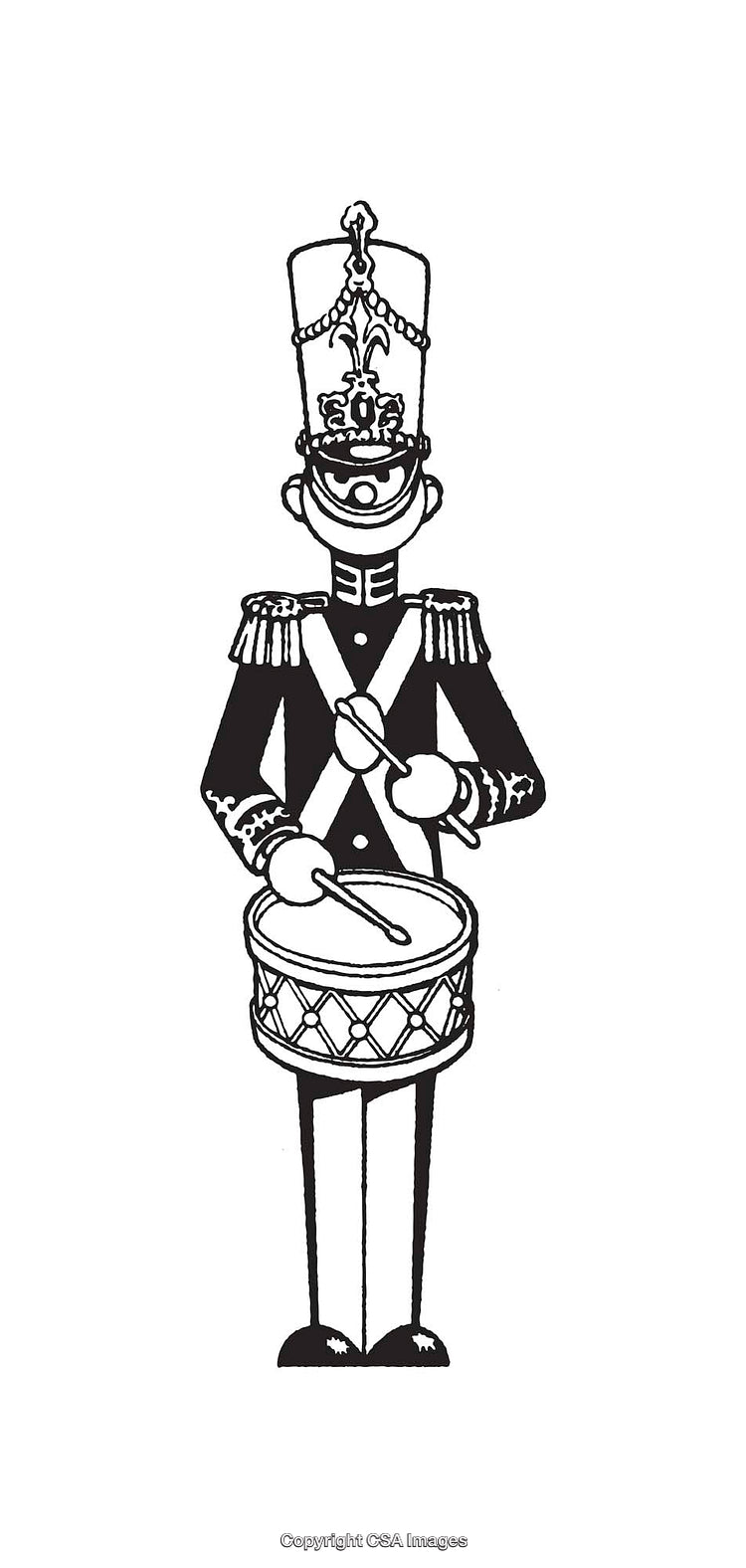 Black and White Illustration of a Drum-Marching Soldier in Traditional Uniform
